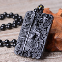 Guan Yun Dragon Natural Black Obsidian Crystal Peaceful Powerful Amulet Pendant  - £20.09 GBP