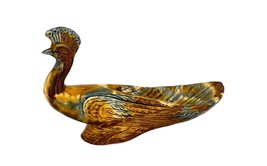 Peacock Mid Century Ceramic Figure Bowl Trinket Dish Brown Green Gold 15... - $40.05