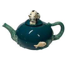 Bergschrund Vtg Teal Green 3D Cat Leaf Fish Ceramic Teapot Whimsical 9.5... - $650.22 MXN