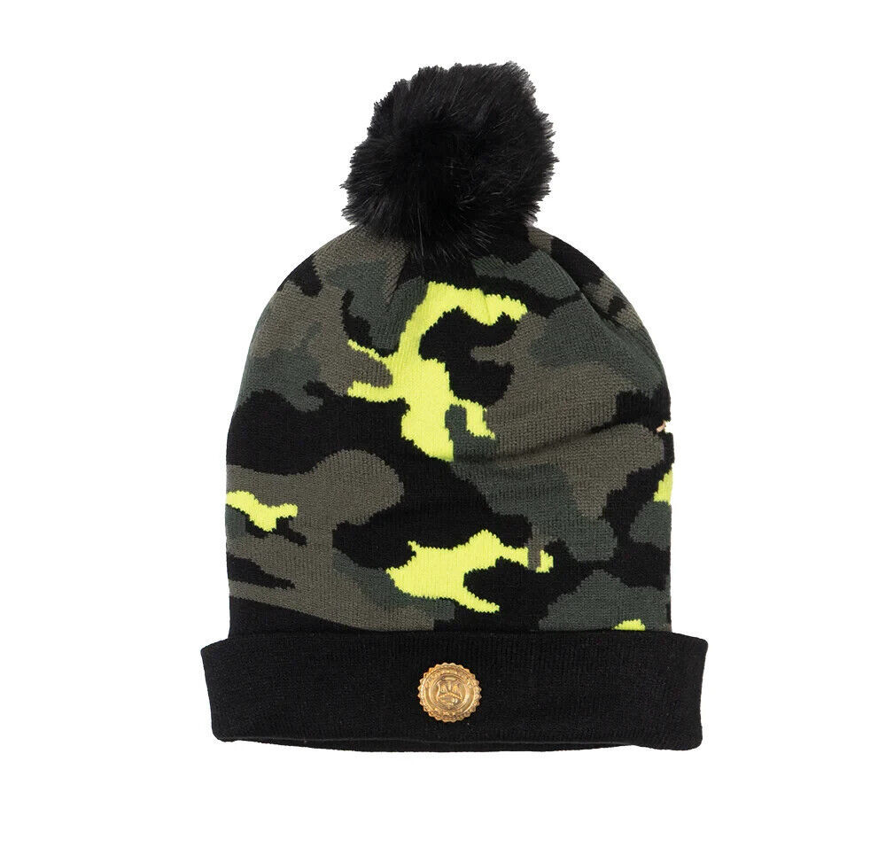 Capital Gains Streetwear Fuzzy Pom Neon Yellow Camo Beanie Knit Winter Hat