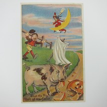 Vintage Halloween Postcard Witch Moon Pig Eats Jack-O-Lantern Pumpkin Scarecrow - £31.85 GBP