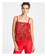 $70 Inc Sequined Fringed Spaghetti Strap Square Neck Party Cami Top Red ... - $19.95