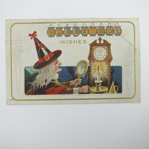 Vintage Halloween Postcard Witch Gray Hair Holds Mirror Candle Clock with Face - £31.96 GBP