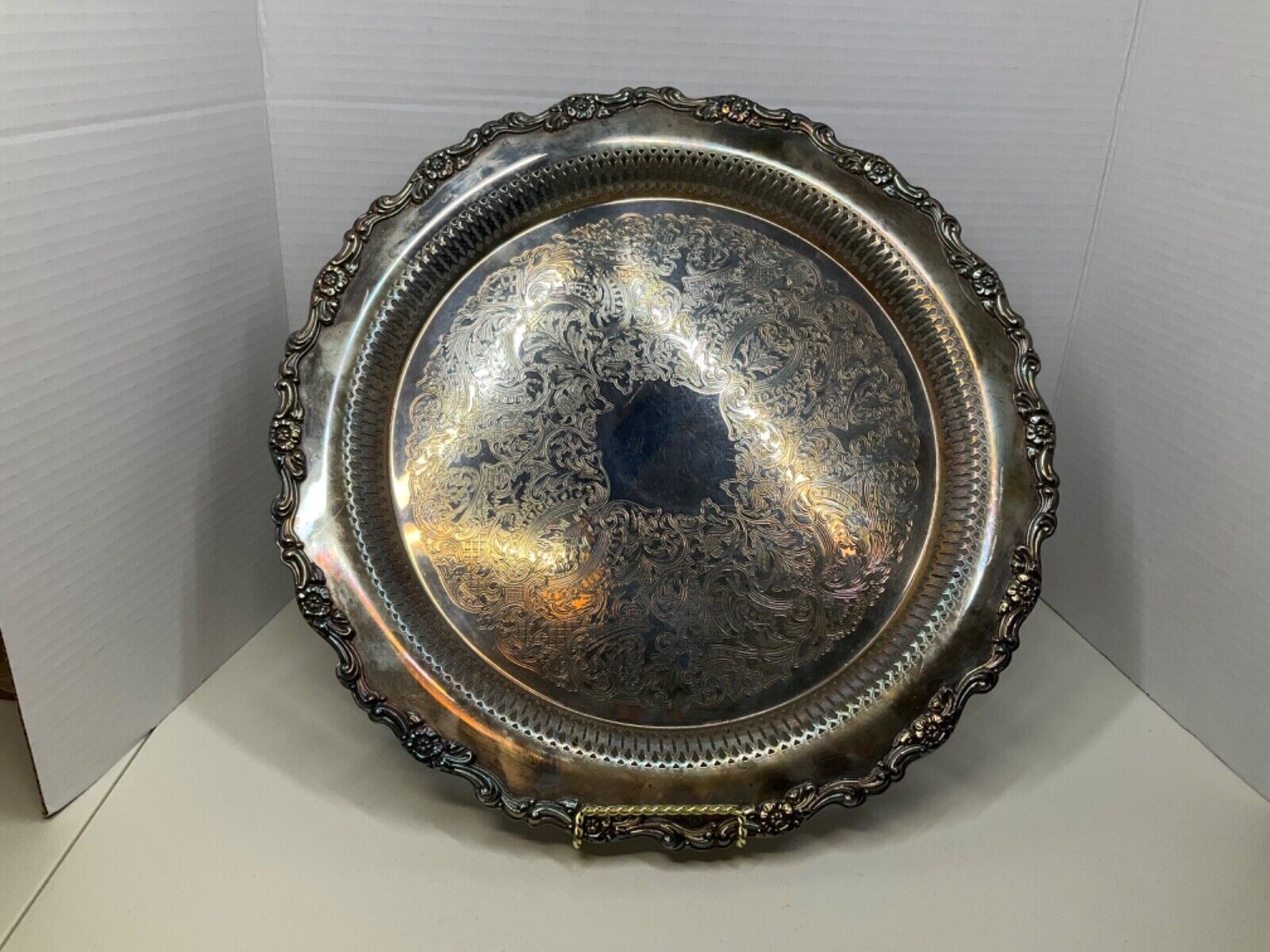 Vintage Oneida Silver-Plated 15" Ornate Round Serving Platter Tray Floral Design - $67.32