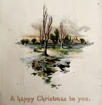A Happy Christmas Victorian Greeting Card Landscape Trees 1900s PCBG11B - $19.99