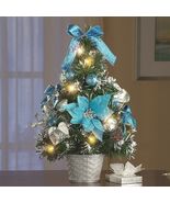Pre-Lit Decorated Christmas Tree Poinsettia Blue Silver Table Holiday Ho... - €14,38 EUR+