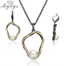 Mytys Retro Antique Black Jewelry Sets Hollow Pendant Necklace Earrings Pearl Em - £20.90 GBP