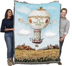 Balloon Flight Over Sunflowers Blanket - Hot Air Ballon Scenic Gift, 72x54 - £61.18 GBP