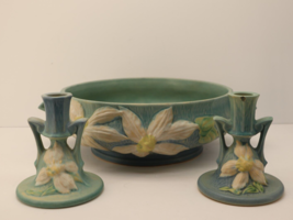 Roseville Pottery Blue Clematis Candlestick Holder &amp; Console Bowl - £75.13 GBP