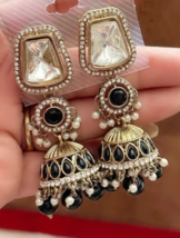 Bollywood Style Gold Plated Indian CZ Kundan Jhumka Earrings Black Jewelry Set - £22.40 GBP