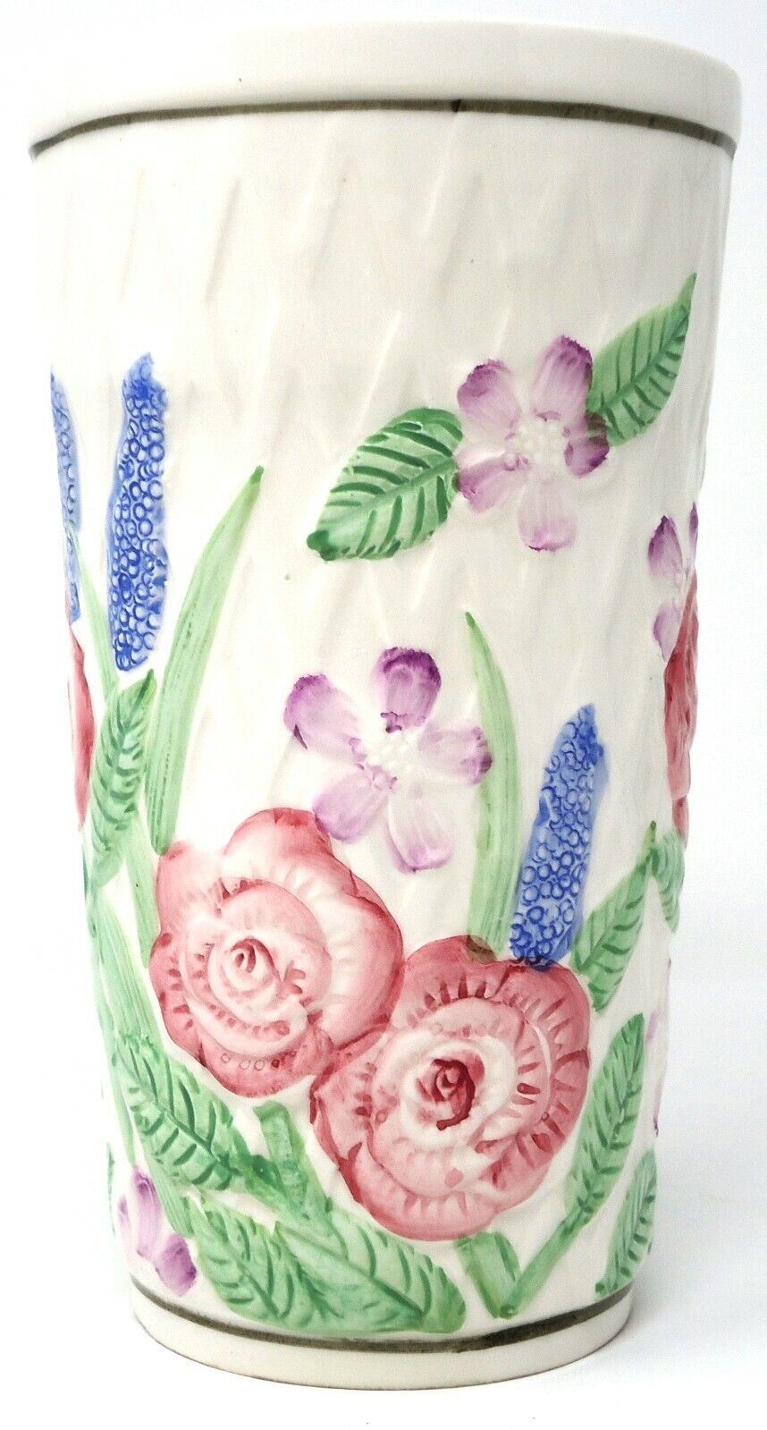 Vintage Ben Rickert Porcelain Vase Bas-Relief Floral Pattern White Rose Lilac - $7.69