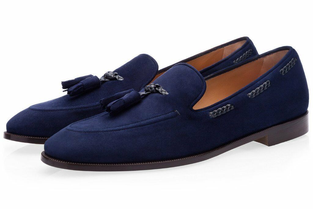 Men's Navy Blue Tassel Loafer Slip On Rounded Toe Suede Leather Shoes US 7-16