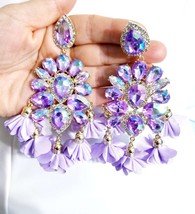 Oversized Chandelier Earrings, Rhinestone Clip On Earrings, Purple Drop Pageant  - £36.27 GBP