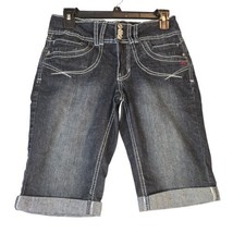 Angels Jeans Womens Size 6 Denim Shorts Bermuda Cuffed Dark Faded Wash Stretch - $13.71