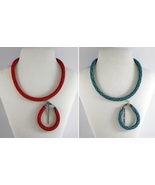 Red, Green Jewelery set:beaded Necklace-Bracelet,Lace diagonal pattern, ... - $67.80 CAD+