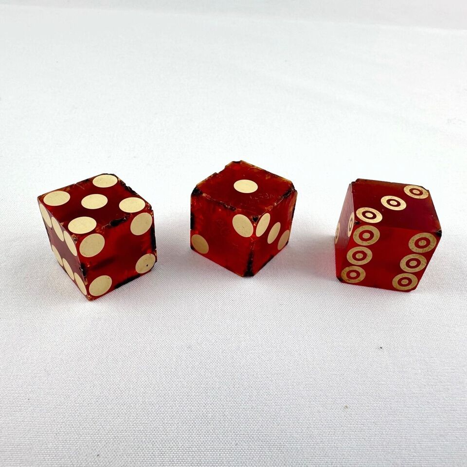 Primary image for 3 Vintage Red Whit Casino Craps Dice Each 3/4" One has Circles not Dots