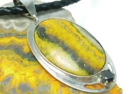 Sterling Bumble Bee Jasper Oval Pendant Necklace with Black Leather Cord - $169.00