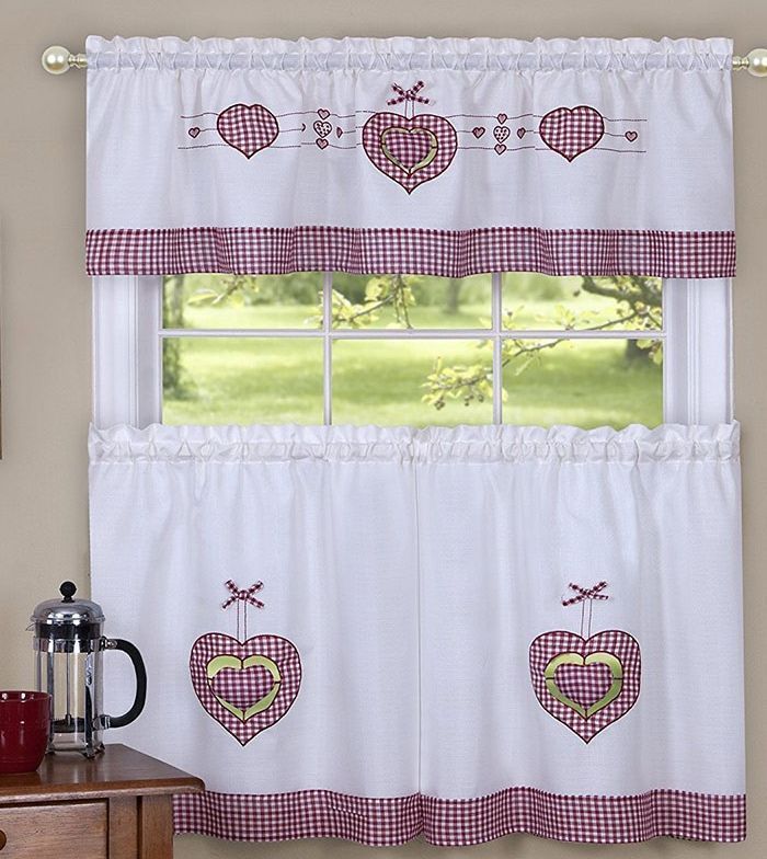 Primary image for 3 pc. Embellished Curtains Set: 2 Tiers & Valance (56"x14") GINGHAM HEARTS,Achim