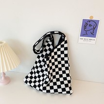 Female Black White Chessboard Plaid Woolen Handbag Lady Vintage Strips Big Capac - £32.12 GBP