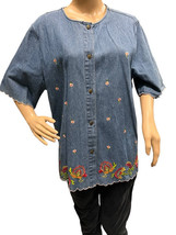 Vintage Toffee Apple Embroidered Spring Floral Granny Button Up Denim Sh... - £11.79 GBP