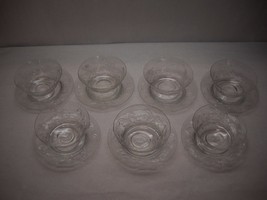 Vintage Set Of 7 Ice Cream Bowl Crystal Glass Dessert Plate Cut Leaf Design - £43.83 GBP