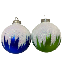 Vintage Glass Ball Christmas Ornaments Blue Green White Glitter 2.5&quot; - £8.48 GBP