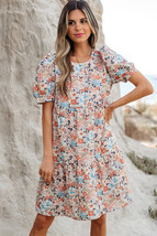 Apricot Bohemian Floral Print Short Puff Sleeve Mini Dress - $15.44
