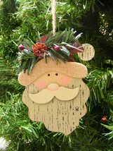 Wood Santa w/PINE Branch &amp; Pine Cone &amp; Holly Berries On Hat Christmas Ornament - £4.70 GBP