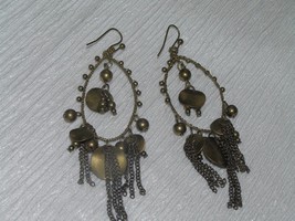 Estate Long Antique Goldtone Wire Teardrop with Beads Disks &amp; Chain Dangle Ear - £8.27 GBP