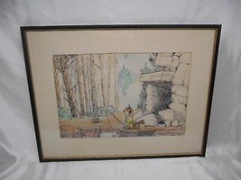 Old Vtg Original Watercolor Painting Art Campsite Fishing Scene Wall Hanging Art - £79.12 GBP