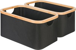 Storage Baskets For Organizing, Fabric Storage Bins With Bamboo, Black Set Of 2 - £27.66 GBP