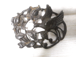 Vtg Art Nouveau Pewter Brass Bird Leaves Scrollwork Silvertone Brooch Pin 2 1/2&quot; - £15.92 GBP
