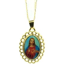 Sacred Heart of Jesus Medal Corazon de Jesus Gold Plated Pendant Necklace - $14.73