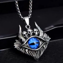 Men&#39;s Baphomet Skull Blue Evil Eye Pendant Necklace Punk Jewelry Chain 24&quot; Gift - £9.48 GBP