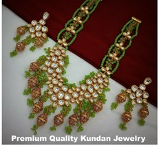 Bollywood Indian Gold Plated Jewelry Kundan Green Long Necklace Earrings Set - £119.47 GBP