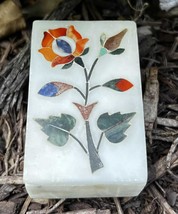 Vintage White Marble Trinket Jewelry Box Inlay With Pietra Dura Malachite Stones - £150.51 GBP