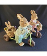 Lot Of 2 Paper Tweed Woven Wicker Style Bunnies Riding Bicycles w/Baby B... - $17.81