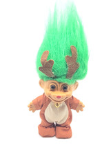 Russ Vintage Holiday Reindeer Troll Doll 5&quot; Green Hair Red Nose Brown Ey... - $280.62 MXN