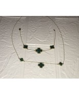 Malachite gold plated clover bracelet &amp; necklace set 18 Inch &amp; 7.5 Inch - £63.20 GBP