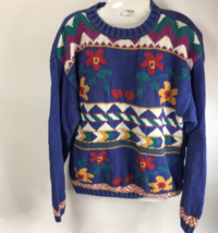 Vintage Flower Print Sweater M Oversized American Weekend Colorful 80s - £18.84 GBP