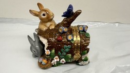 Porcelain Bunny Rabbit Hinged Trinket Box CWC Log Spring Flowers Butterfly  - £19.51 GBP