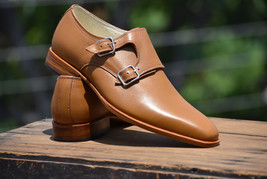 Handmade Monk Double Buckle Straps Tan Color Plain Pointed Toe Men Vintage Shoes - £119.89 GBP+