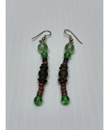 Handmade Handcrafted Beaded Green Dangle Earrings Estate Jewelry Find KG - $11.88