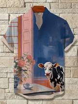 Men&#39;s Cow Window Vase View Color Block Art Print Casual Shirt - $26.00