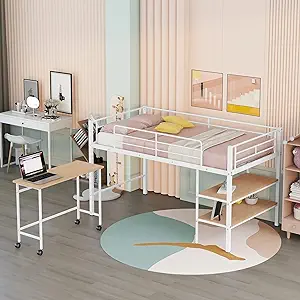 Merax Twin Size Metal Loft Bed with Desk and Shelves, Metal Bed Frame, B... - $495.99