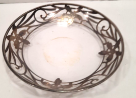 Vintage Round Glass Trinket Bowl with Ornate Floral Sterling Silver Overlay - £12.50 GBP