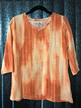 Coral Bay PM Women&#39;s Petite Abstract Coral Orange Knit Shirt Top V-neck 3/4 Slvs - £11.55 GBP