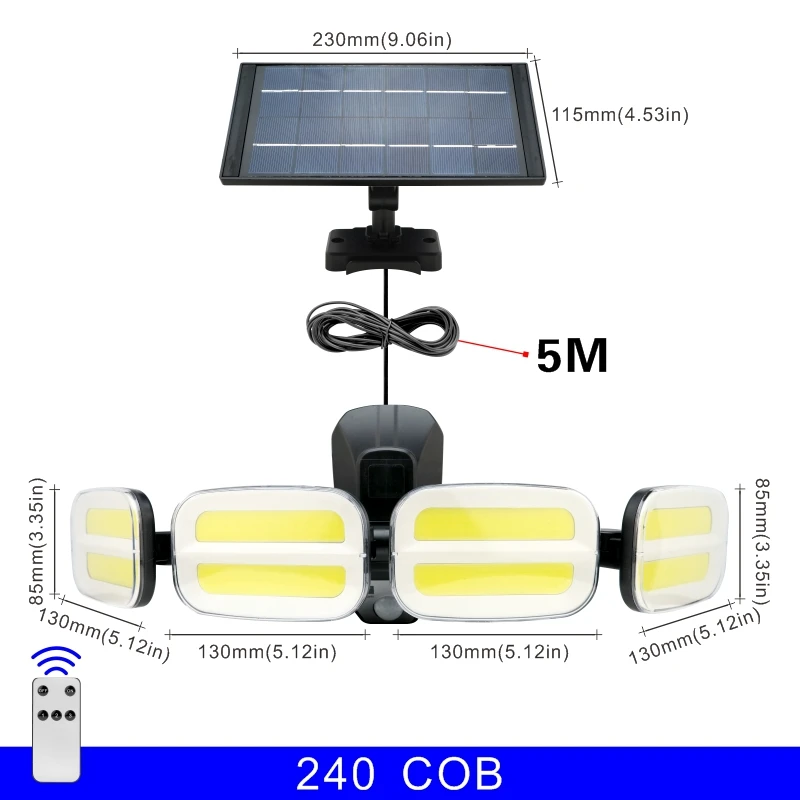 240COB LED Solar Lights 4800mAh Outdoor 4 Head Motion Sensor Patio Lights IP65 W - £107.28 GBP