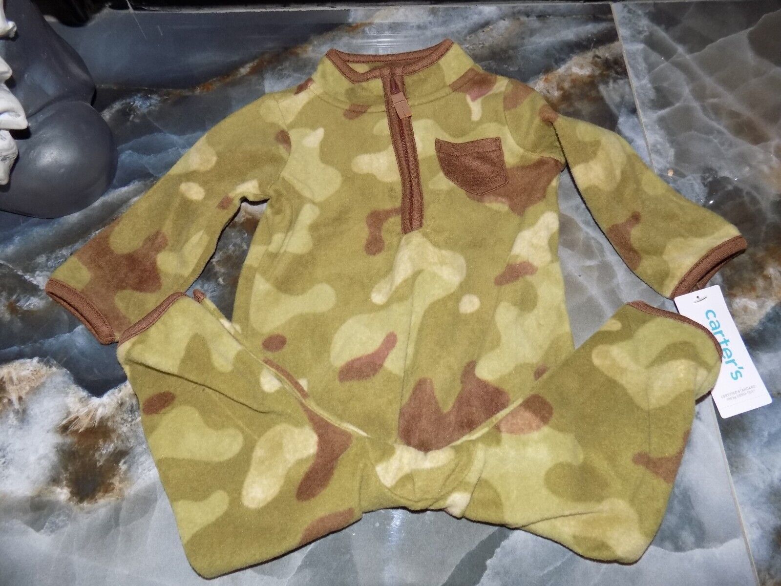 CARTER&#39;S GREEN CAMO FLEECE COZY JUMPSUIT SIZE 6 MONTHS BOY&#39;S NEW - $13.65