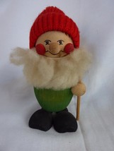 Vintage Wood Man Christmas Figure - 5&quot; Tall, Red Knit Hat &amp; Burlap Sack - £8.60 GBP
